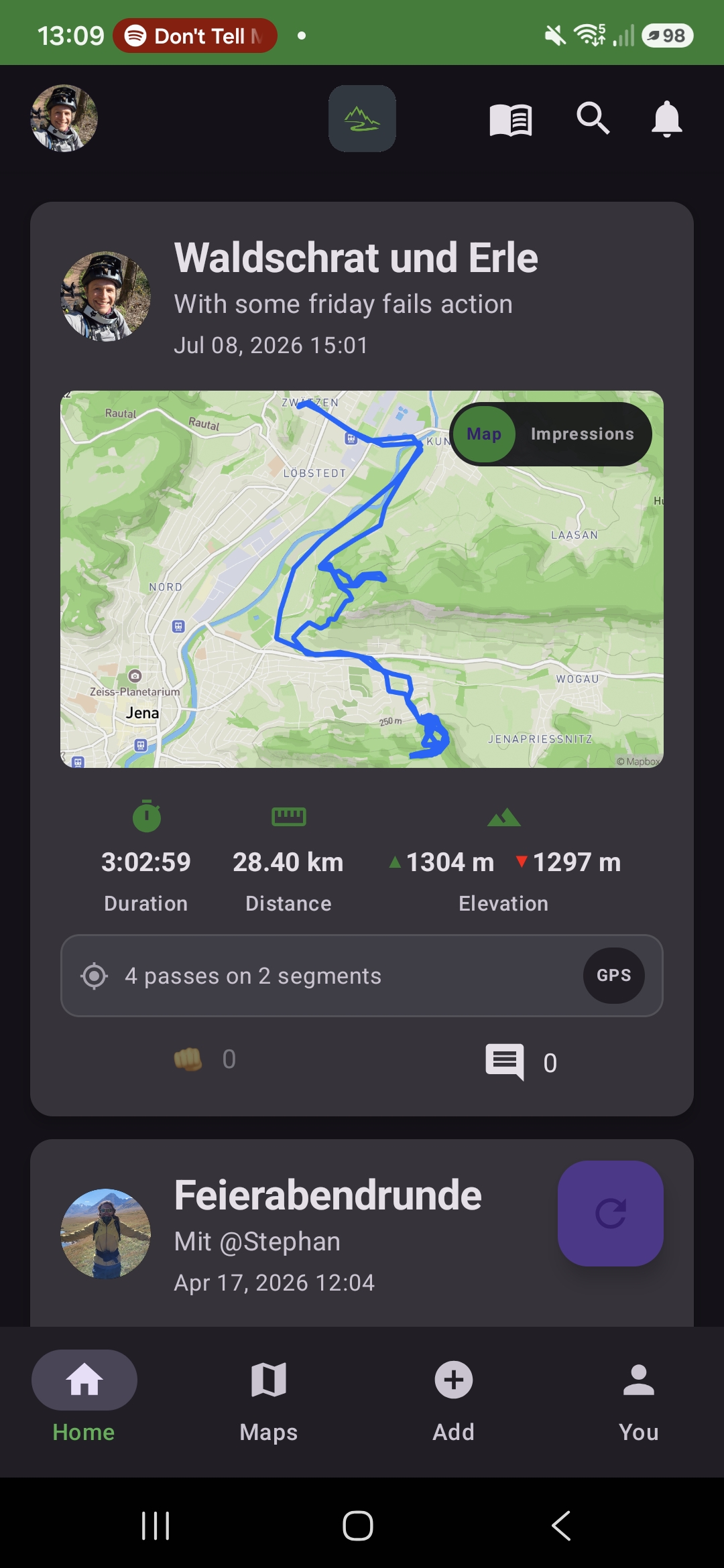 Feed card showing Map view with GPX track