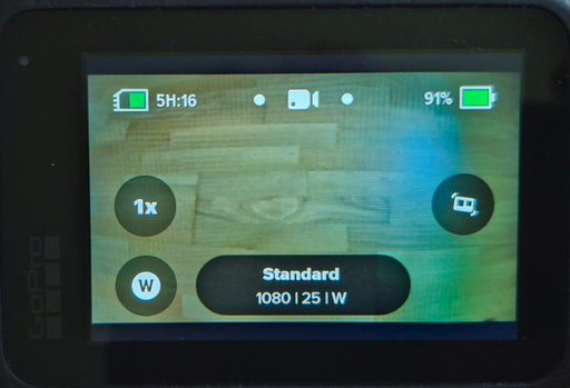Schermata GoPro con preset Standard, 1080, 25 FPS e Wide field of view
