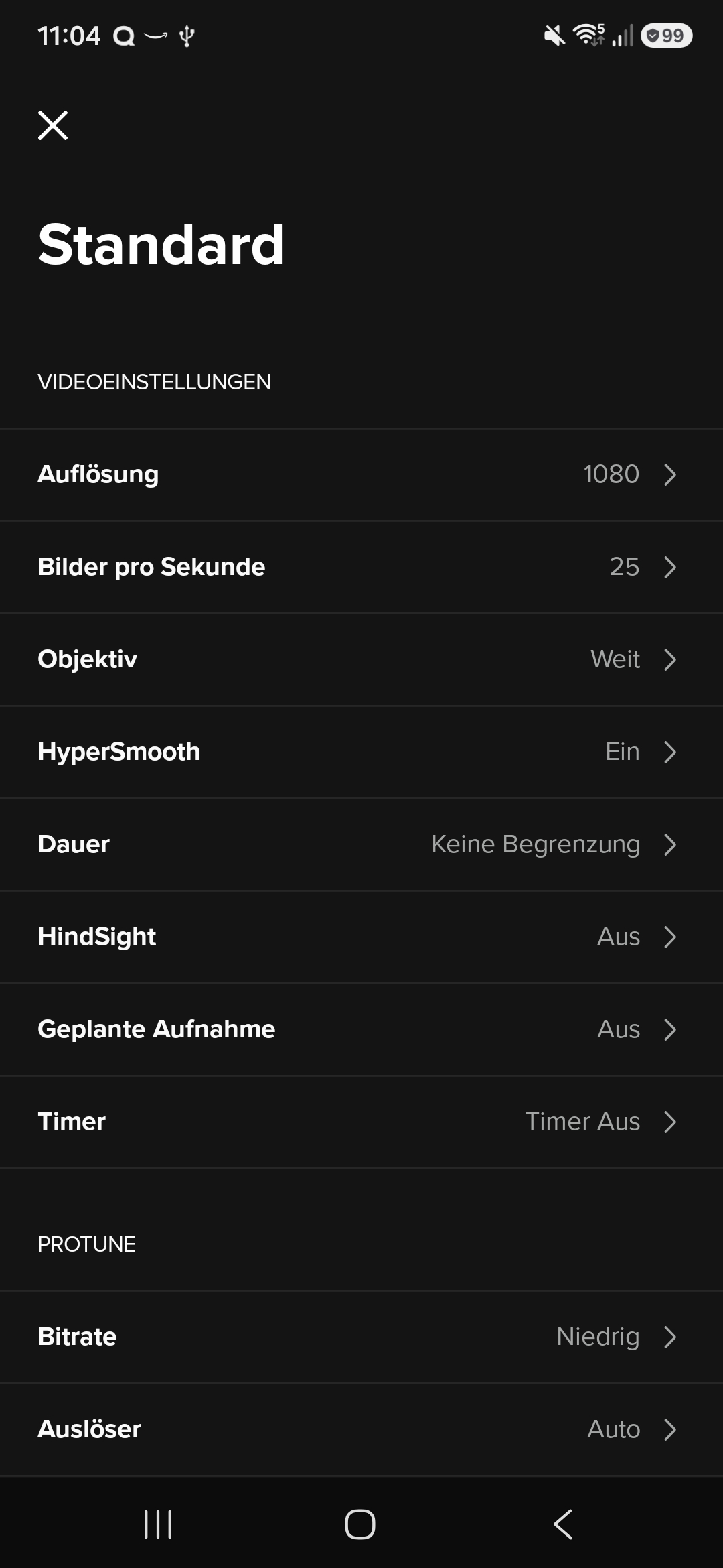 Impostazioni video GoPro app con 1080p, 25 FPS e obiettivo Wide
